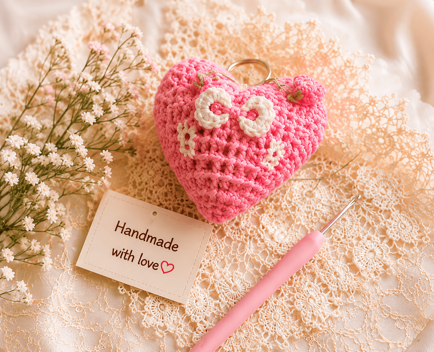 Handmade crochet heart and yarn, wrapped with love